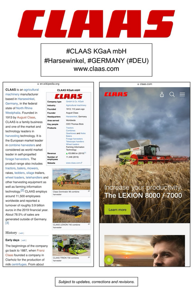 Wikipedia article and company website information for CLAAS KGaA mbH (Harsewinkel, Germany).