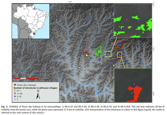 map - Visibility of Perau das Cabeças to its surroundings: 1) RS-A-27 and RS-A-29, 2) RS-A-30, 3) RS-A-43, and 4) RS-A-46A. The red area indicates 20 km of visibility from the burial cave, while the green area represents 11.5 km of visibility.