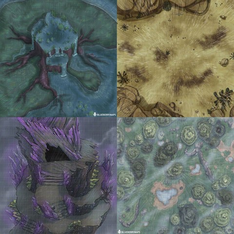 Collage of four images from my battlemaps, the variant where it's raining for each. It was put through the Glaze app so the colours are a bit off but oh well. You can see: a giant tree trunk so big it's basically a lake inside with waterfalls and all and the water falls into a bigger lake that surrounds said trunk; a desert based off the Mojave in real life, with dry dirt, huge brown rocks and cacti; the peak of a mountain with giant sized stairs, some plants and purple crystals coming out of the rock; a forest with some puddles from all the rain.