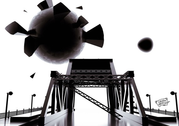 3D render of Rotherhithe Bascule Bridge in London, with a shattering moon in the background.