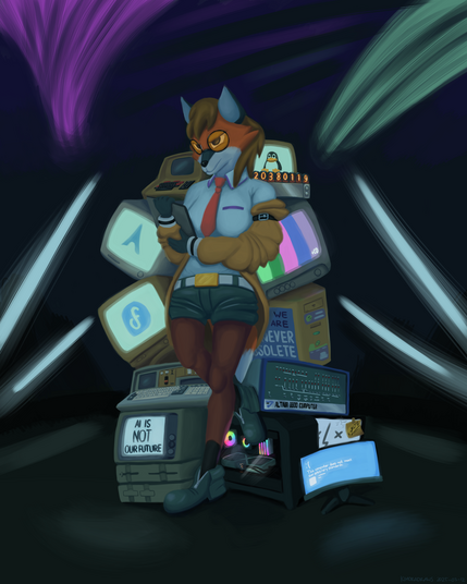 A digital painting of Xenia (the other Linux mascot, a fox) cosplaying as Kurisu Makise from Steins;Gate standing in front of a bunch of old monitors, terminals, and computers from decades ago. A modern gaming PC and an iMac are also depicted, one blue screening while having a burning graphics card and a crack on the screen respectively.