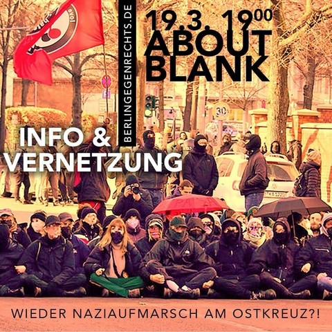 An event announcement for a meeting at "About Blank" on March 19 at 19:00. It features a group of people sitting together, many wearing masks and dark clothing. Text notes the gathering is for information and networking related to a fascist rally.