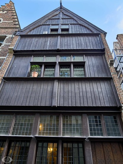 Closer look of the house. A long shot of a tall, narrow, dark brown, three-story building with a gabled roof and visible wood grain. It has three rows of windows, with the bottom row containing six windows, the middle row containing five, and the top row containing two. A small terracotta pot with a small tree in it sits on the windowsill of the middle row of windows. A second building with brick walls is visible on the left side of the image, and a third building with brick walls and an external metal staircase is visible on the right. The sky is visible at the top of the image.