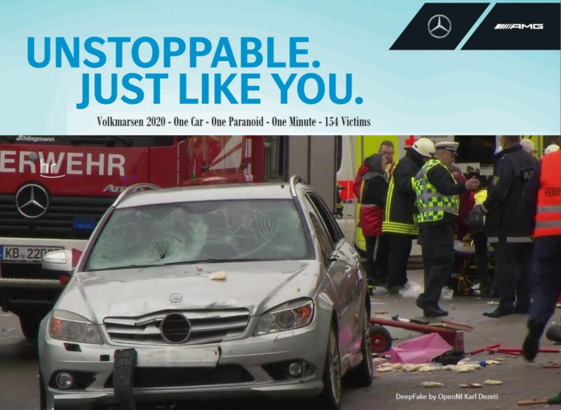 Fotomontage aus einem Plakat der Firma Mercedes mit dem Werbeslogan "Unstoppable just like you"
Das Foto zeigt eine oberflächlich zerbeulte Limosine, die vor einem Feuerwehrwagen steht. Auf der rechten Bildhälfte sind mehrere Rettungskräfte zu sehen. Der Mercedes fuhr mit hoher Geschwindigkeit am 24.02.2020 in einen Karnevalsumzug in Volkmarsen und verletzte dabei 154 Menschen z.T. schwer.