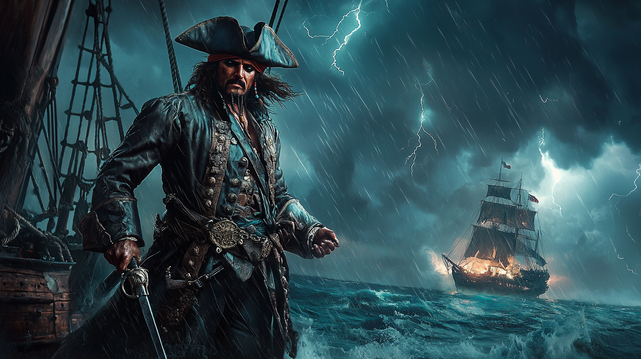 Damnation en Haute Mer
Un capitaine pirate impitoyable, sabre en main, observe un navire ennemi en flammes sous une tempête déchaînée. Les éclairs illuminent son regard sombre, témoin d’innombrables batailles et trahisons sur les océans sans loi.
A ruthless pirate captain, sword in hand, watches an enemy ship engulfed in flames beneath a raging storm. Lightning illuminates his dark gaze, bearing witness to countless battles and betrayals upon the lawless seas.
