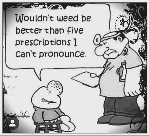 Cartoon of Ziggy character at the doctor's office. Doc looks at him in disappointment as Ziggy asks " Wouldn't weed be better than five prescriptions I can't pronounce ?"