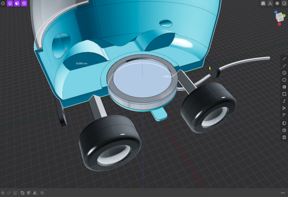 A cross-sectional 3D model of a futuristic, baby-blue vehicle with a semi-circular hood. The vehicle has four wheels with shiny black tyres, a minimalist interior with a streamlined seat, and a small, gold number plate. A large LED light fixtue is incorporated in the bottom of the car.