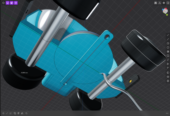 Another view of that cross-sectional 3D model of a futuristic, baby-blue vehicle with a semi-circular hood. The vehicle has four wheels with shiny black tyres, a minimalist interior with a streamlined seat, and a small, gold number plate. A large LED light fixtue is incorporated in the bottom of the car.