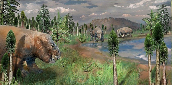 Illustration of a prehistoric landscape with horsetail-like plants and large quadrupedal animals with tortoise-like beaks
