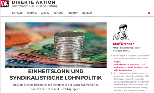 Website des Online-Magazins "Direkte Aktion", Screenshot vom Artikel "Einheitslohn und syndikalistische Lohnpolitik" von Steff Brenner