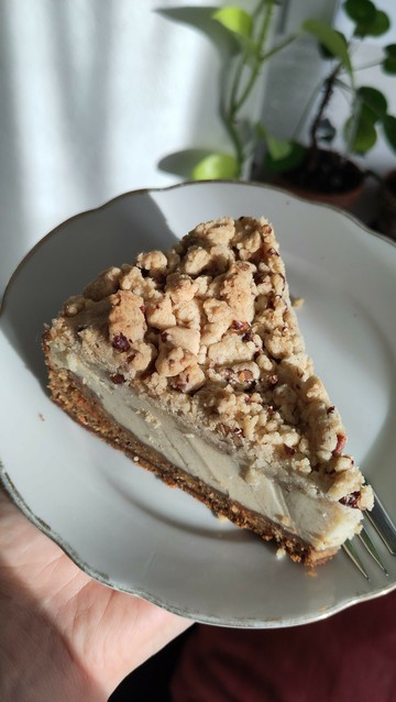 A slice of cake on a white porcelain plate. The base layer is crumbled caramel cookies, 2nd layer carrot cake, 3rd layer cheesecake and top layer pecan crumble. It's vegan, but you can't see that 😅