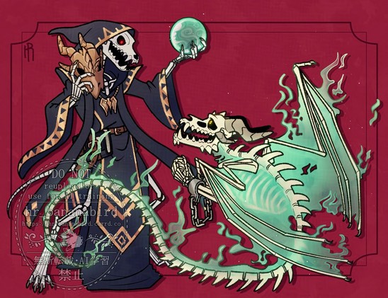 Digital art of two anthro characters. On the left side of the image is a skeletal fox man necromancer wearing black and gold robes, holding up a crystal orb with swirling green energy in his left hand, and holding a brass mask shaped as a dragon face in his right. He looks angry and is shouting towards the being on the right, which is a skeletal ghost dragon man with chains wrapped around his wrists, and smoky green energy enwrapping his bony body. The ghost looks sad and is holding his hands in a form of prayer towards the necromancer.