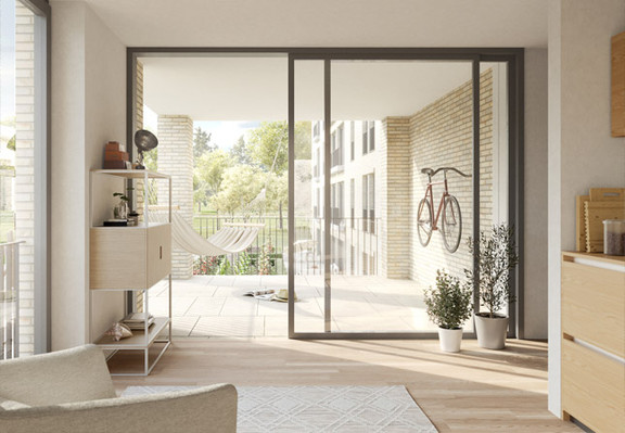render of an apartement with straw walls clay plastered, view towards the balcony