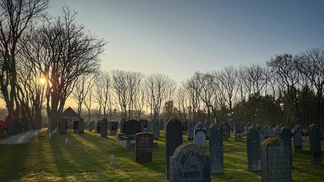 Numerous gravestones of the old cemetery in Nes on the Dutch island of Ameland. In the background, the setting sun shines through the branches of surrounding trees and casts long shadows on the graveyard and its gravestones.