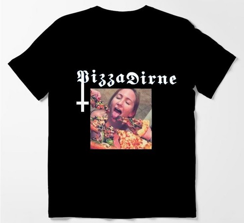 photomontage of a black bandshirt with the band's name being "Pizza Dirne" (written in German type or Gothic type, while the letter "p" is extended to the bottom with an additional, horizontal line in it to show an inverted, Christian cross). There is also a picture on the shirt, showing a young woman with her mouth open, her tongue out and her eyes closed, surrounded by several people holding five slices of pizza closely to her face (only the hands of these people can be seen)