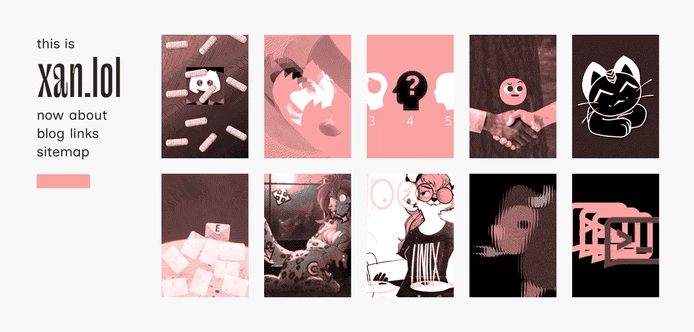"this is xan.lol" with different path names and portrait images for blog posts, all on a light background