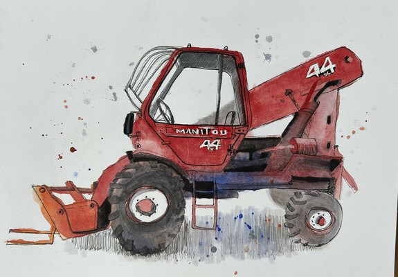 Ink and watercolor sketch of an old red vehicle that looks like it’s for lifting stuff