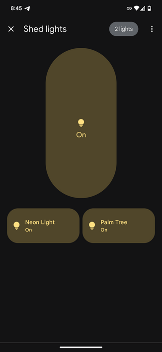 A screenshot of the light controls for Google Home where there's a long vertical pill for all the lights and below are two side by side horizontal pills for the individual lights. (It kinda looks like a penis.)