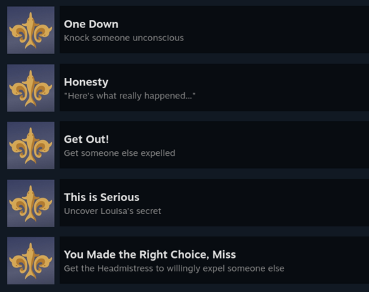 Some Achievements I've Unlocked in Expelled!:

One Down
Knock someone unconscious

Honesty
"Here's what really happened..."

Get Out!
Get someone else expelled

This is Serious
Uncover Louisa's secret

You Made the Right Choice, Miss
Get the Headmistress to willingly expel someone else