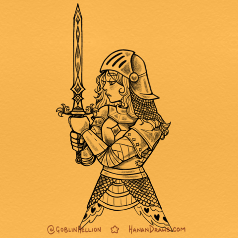 Digital illustration of a yearning knight looking down at her sword while holding it aloft. She wears a full suit of armor and a helmet.