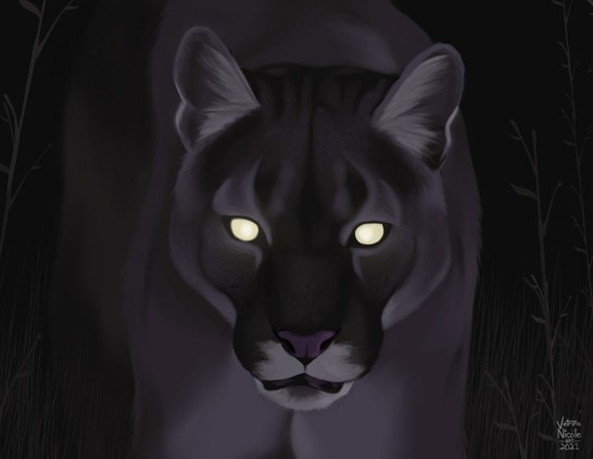 A digital painting of a mountain lion. The painting is set at night, and the cougar is barely illuminated. Its fur appears a greyish-purple color due to the lighting. Its eyes are solid light yellow, reflecting back whatever light is being shown at it. Its mouth is slightly open. Sparse brown brush is surrounding the cat.