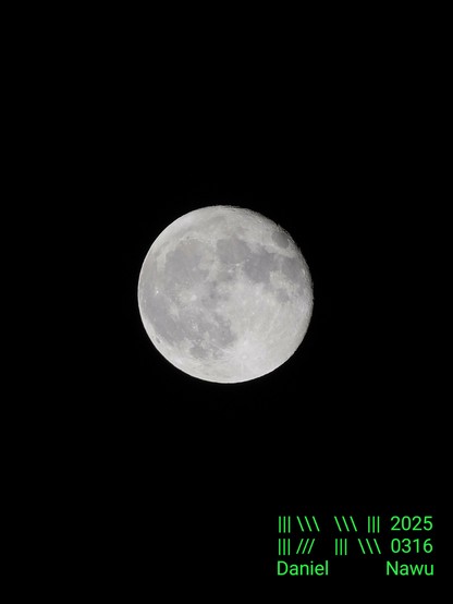 Hochkant-Fotografie des aktuellen Mondes. Der Hintergrund bist gänzlich schwarz, da das helle Licht des Mondes alles andere überstrahlt. Am rechts-oberen Rand der Mondscheibe scheint schon ein Stück zu fehlen, da der Vollmond bereits länger als 24 Stunden her ist. Auf der sichtbaren (erleuchteten) Fläche sind etliche Krater und großflächige Vertiefungen, sogenannte Mare, zu sehen. Wie so oft habe ich das Bedürfnis, durch die geringere Schwerkraft 10-Meter-weise über diese fluffige und doch so feindliche Umgebung zu hüpfen.

Unten rechts habe ich im nächtlichen Schwarz mein giftgrünes Wasserzeichen gesetzt.