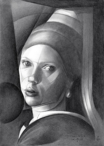 Scarlett Johansson Meets Vermeer

This graphite pencil drawing ‘Sans Titre – 01-05-18’ depicts American actress and celebrity Scarlett Johansson. She is starring in a movie about Vermeer’s life called ‘The Girl with the Pearl Earring’. Hence I turned to Vermeer himself and tried my skills on this old master. However, a reference to old masters is great but this is the 21st century. Therefor a more modern approach was needed instead of sheer copying or mimicking old masters. 

Tonal Challenges

Well, my feeling for tonality could match Johannes’ skills and therefor my Roundism style is a nice addition. So I though but actually that prooved to be a tall order. My very aim was to offer viewers a sort of a 17th century experience. At the same time I didn’t want my geometric abstractions become the dominant theme like in other drawings. There was a problem to tackle though. Do these classic executions exclude possibilities for my style of cubism per definition? 17th century chiaroscuro artworks usually show a light main theme against a dark background. Could it be that these darkened up areas don’t allow geometric shapes to stand out to their advantage? To me it seemed it’s either classic clairobscur or only geometrics or is it?

The Solution

Maybe so but I felt like having the cake and eat it at the same time. The goal was to have geometrics support the main theme, not overpowering it. Looking back I’m not sure how I solved the puzzle but I think I did.