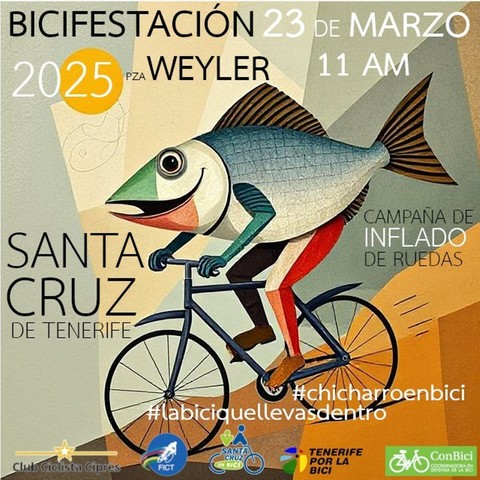 Un chicharro (pescado) montando en una bicicleta, como anuncio para el cartel de la bicifestación del domingo 23 de marzo en la plaza Weyler de Santa Cruz
