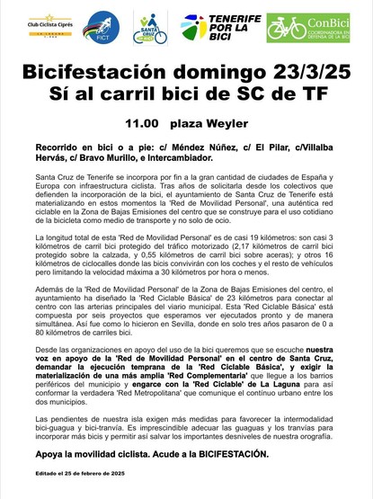 Cartel con el detalle de la bicifestación del domingo 23 de marzo a las 11 AM en la plaza Weyler de Santa Cruz de Tenerife para apoyar el carril bici
