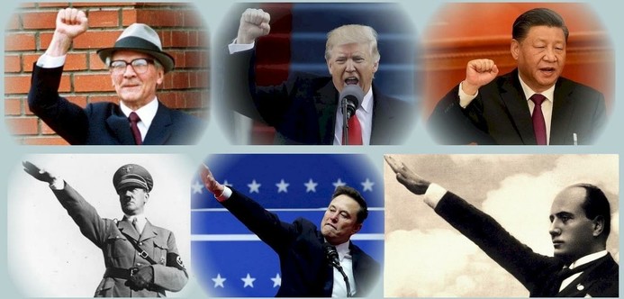 Fotoreihe mit Grußgesten von Honecker, Trump, Xi, Hitler, Musk und Mussolini