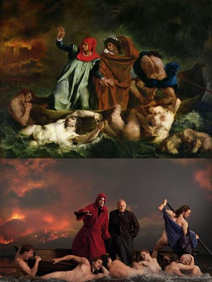 Two male figures go through a sea storm on a boat held by naked figures (painting) compared to the same shot from The House That Jack Built