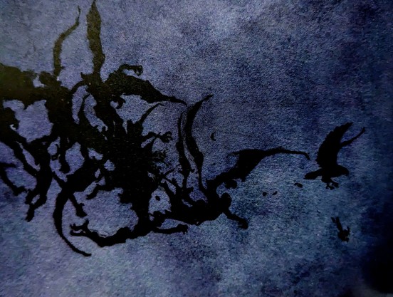 Winged demons pursuing a falcon and a smaller bird
