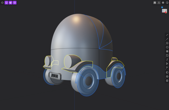A 3D model of a futuristic, cartoonish car design. The car has a rounded, dome-like top and four large wheels with blue and yellow highlight lines indicating different geometry elements. The interface displays various tools, object lists, and construction planes, with 'Jason' visible on a front license plate. The design has a playful and sleek appearance, resembling a small compact autonomous vehicle.