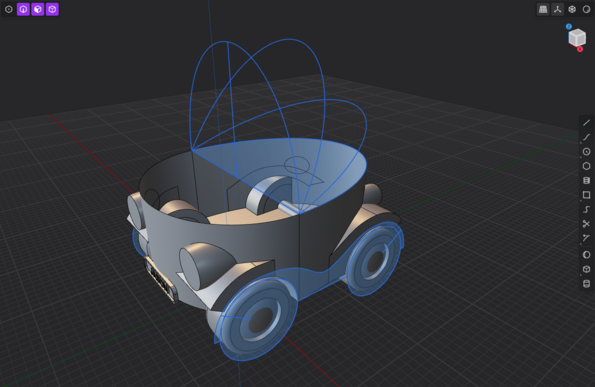An open version of the cartoonish car. Blue highlight lines indicating different geometry elements. The top half of the car has been hidden, revealing the sheet thin wall design of the model. The car has a playful and sleek appearance, resembling a small compact autonomous vehicle.