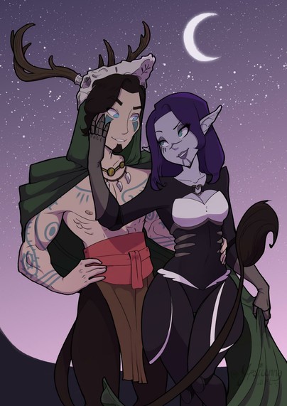 Drawing depicting a flirty purple elf woman caressing the cheek of a male satyr. The background is purple tinted night sky with a crescent moon visible.