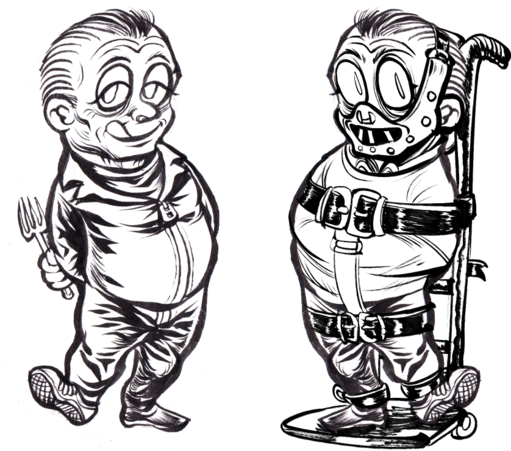 ink doodles of hannibal lecter as played by anthony hopkins, one with a fork in his jail outfit, one in his mask and hand truck