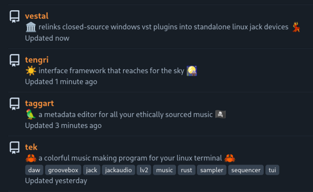 screenshot of a part of https://codeberg.org/unspeaker/tek, listing my 4 main side projects... too many? well they're all meant to fit together, see, into an entirely bespoke foss-based music production workflow...