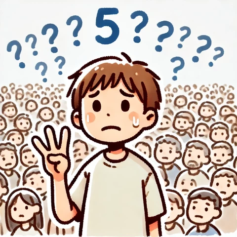 Das Cartoon zeigt einen kleinen Jungen vor einer Menschenmenge,  die er verzweifelt an seinen Fingern abzuzählen versucht, KI generiertes Bild