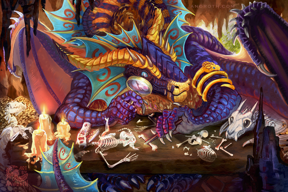 A dragon necromancer is assebling his skeleton minions on a rock slab table in his cave. Cave is filled with gold and bones. the dragon is assebling a new minion carefully using tweezers and a magnifying glass. Artwork for Xelrah