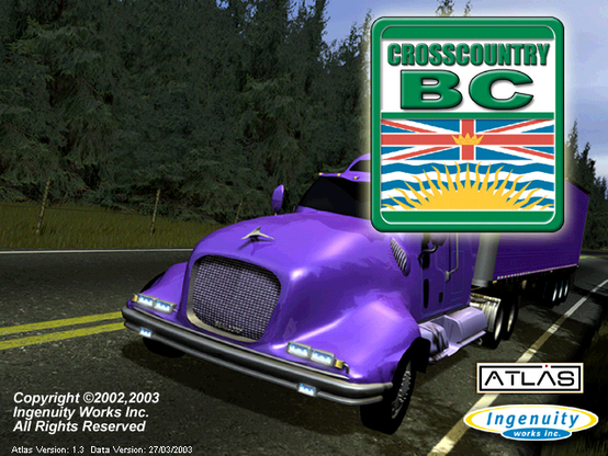 Title screen featuring a purple truck driving down a highway with the "Crosscountry BC" logo.