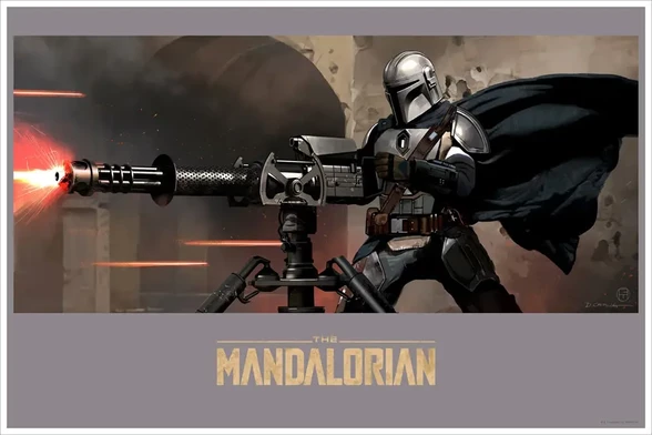 an illustration of the mandalorian firing a large gatlin-type machine gun on a tripod, his cape blowing back, flames flying from the barrels