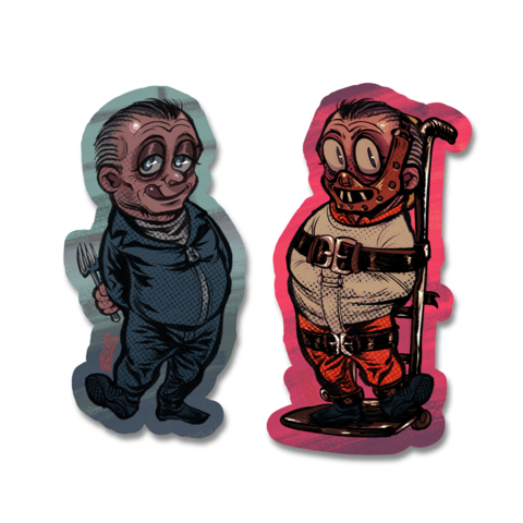 A sticker set of hannibal lecter from Silence of The Lambs (anthony hopkins version) in his blue prison jumpsuit, and in his masked carted look.