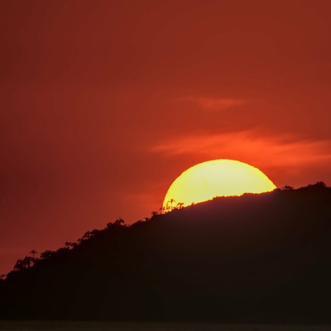 A big sun is rising behind a mountain. The sky is orange, the sun is yellow and the mountain silhouette mostly black. Some palm trees are seen over the mountain top.