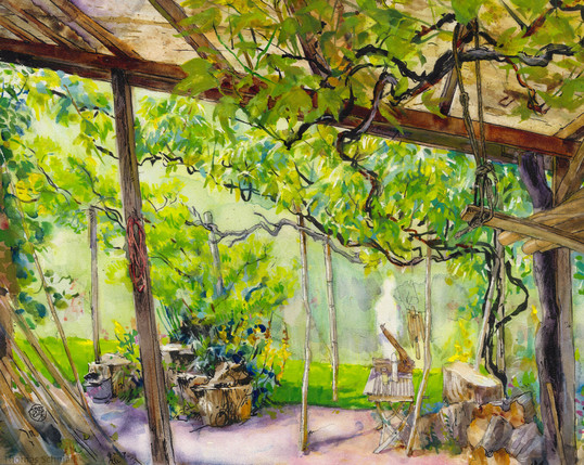 Watercolor painting of a sun-lit roof with grape vines growing beneath.