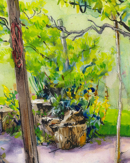 Detail of a watercolor painting, showing the sunny garden and some wooden blocks.