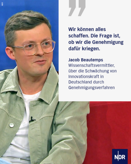 Bild: Ein junger Mann mit Brille sitzt auf dem Roten Sofa

Text: „Wir können alles schaffen. Die Frage ist, ob wir die Genehmigung dafür kriegen.“

Jacob Beautemps
Wissenschaftsvermittler, über die Schwächung von Innovationskraft in Deutschland durch Genehmigungsverfahren