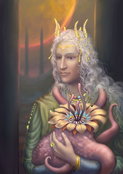 digital painting of a person with pretty hair in soft light holding a pink tentacled creature with mouth looking like flower in alien landscape