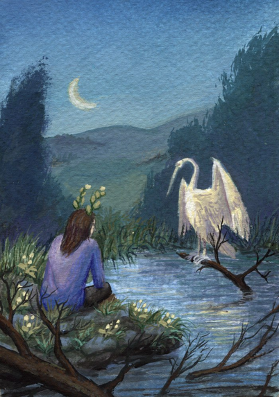 gouache painting of a person with plants growing from their head sitting at a pond with white bird at night with rising moon