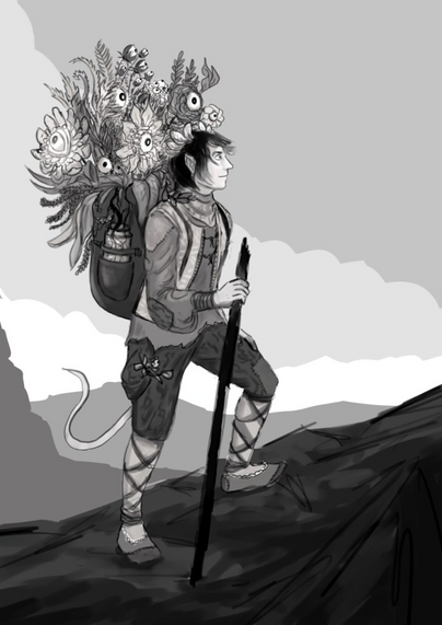greyscale flat color drawing of a person hiking with backpack full of plants with eyes
