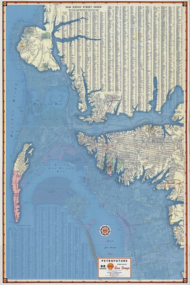 San Diego Petrofuture -- 66m sea level rise on a vintage Shell Oil map. Coronado is underwater, as is most of the city and valleys
